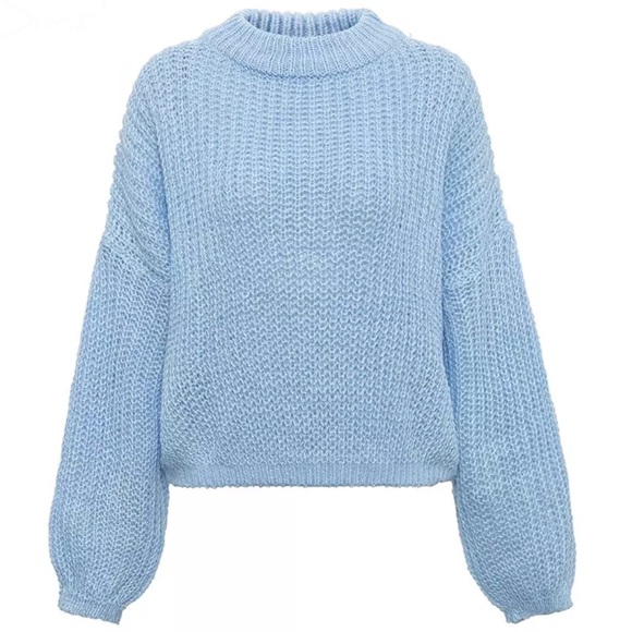 Blue sweater knit loose wide sleeve womens top crewneck - Picture 2 of 3